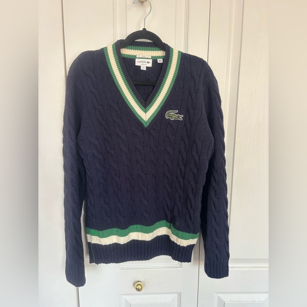 Lacoste V-Neck Sweater in Navy with Green and White Stripes